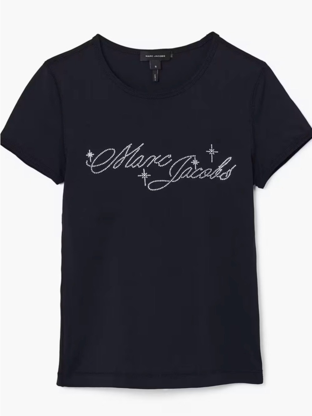Marc Jacobs Black Shrunken Logo Charm Tee with Crystal Rhinestone Script Logo XS